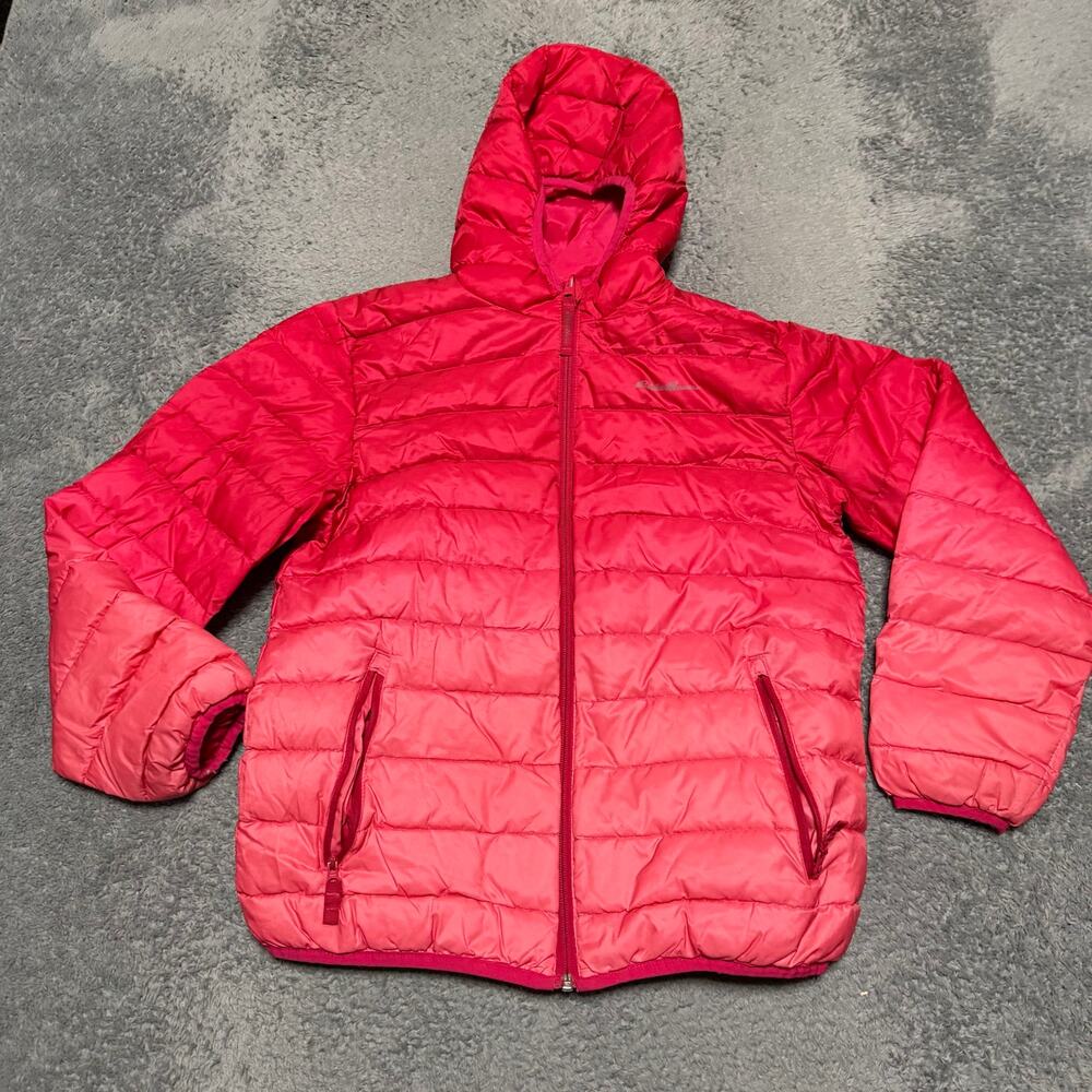 Eddie Bauer Puffer Jacket Kid Youth Large 14-16 Pink Reversible Down Hooded Coat